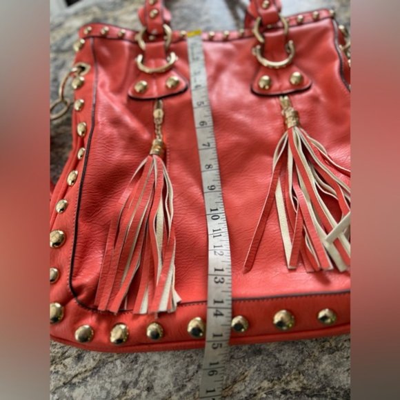 Coral Orange Vegan Leather Gold Studded Oversized Tote Bag With Adjustable Strap - Picture 15 of 16